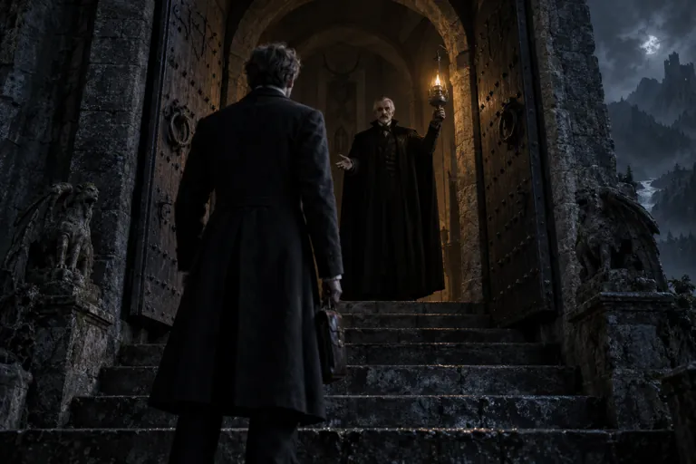 Count Dracula holding a lamp at the castle door