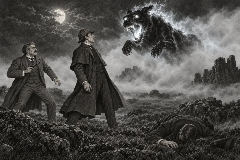 The Hound of the Baskervilles appearing from the Dartmoor fog