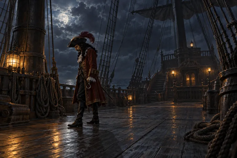 Hook alone on a wet, lantern-lit deck.