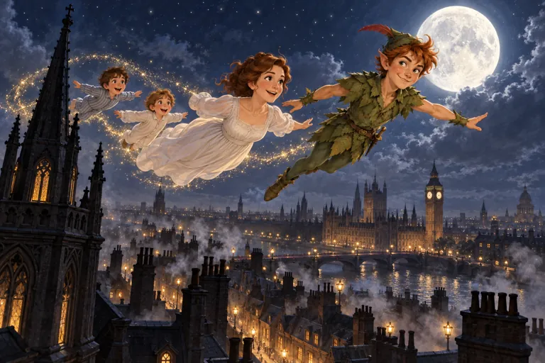 Peter Pan flying over London at night